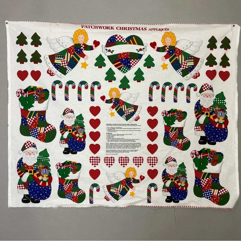 Vintage Christmas Applique Fabric Panel No Sew Patchwork Santa Angel Hearts #K15